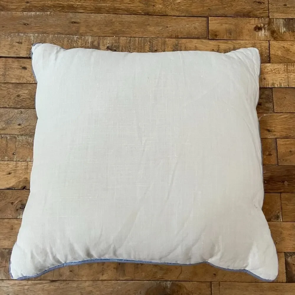 Handmade Throw Pillow 14 x 14 in White Linen Floral Embroidered Geometric